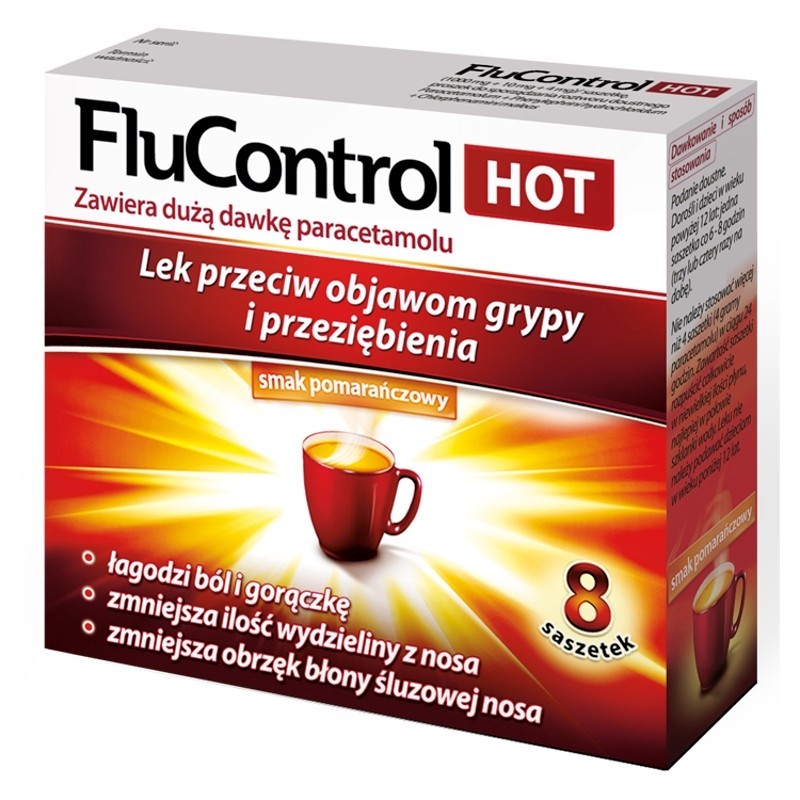 FluControl Hot 1000 mg + 10 mg + 4 mg Lek przeciw objawom grypy i przeziębienia 8 sztuk