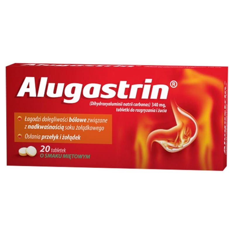 Alugastrin Dihydroxyaluminii natrii carbonas 340 mg Lek o smaku miętowym 20 sztuk