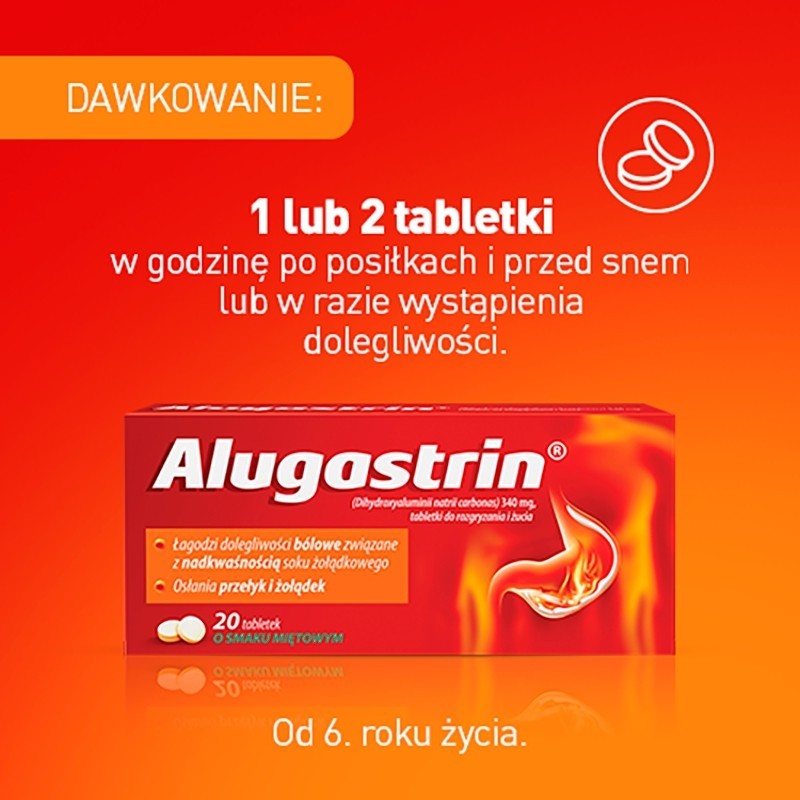 Alugastrin Dihydroxyaluminii natrii carbonas 340 mg Lek o smaku miętowym 20 sztuk