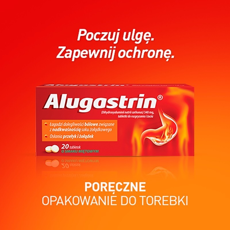 Alugastrin Dihydroxyaluminii natrii carbonas 340 mg Lek o smaku miętowym 20 sztuk