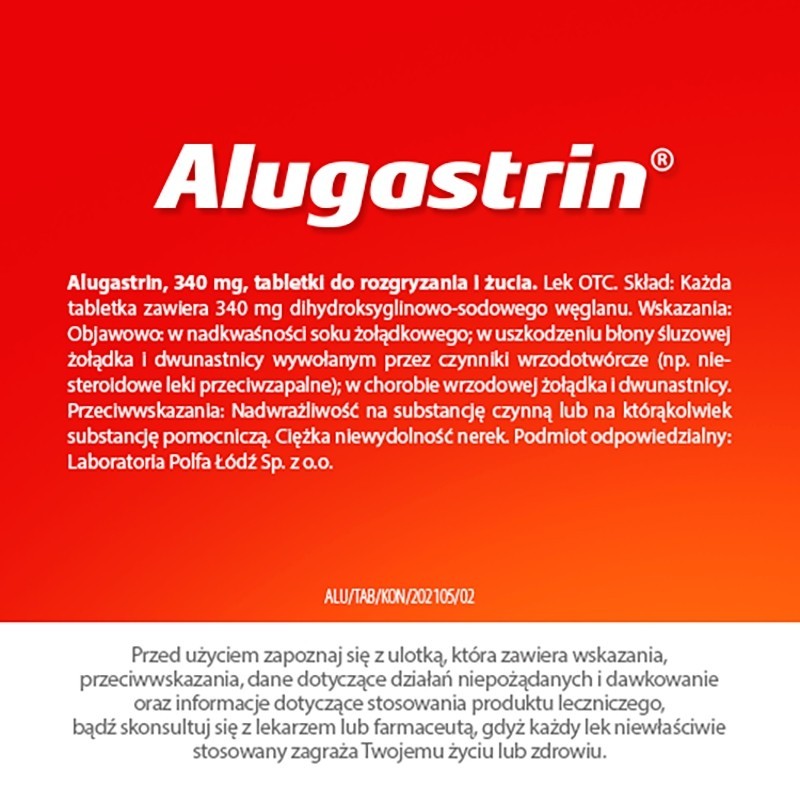 Alugastrin Dihydroxyaluminii natrii carbonas 340 mg Lek o smaku miętowym 20 sztuk