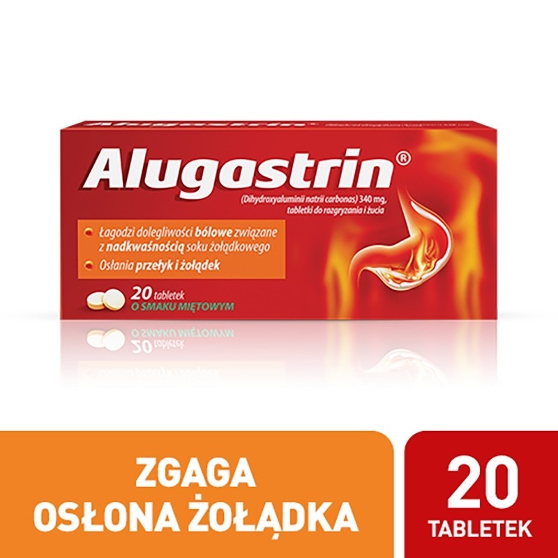 Alugastrin Dihydroxyaluminii natrii carbonas 340 mg Lek o smaku miętowym 20 sztuk