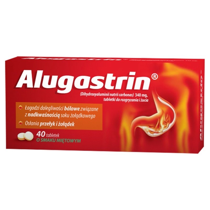 Alugastrin Dihydroxyaluminii natrii carbonas 340 mg Lek o smaku miętowym 40 sztuk