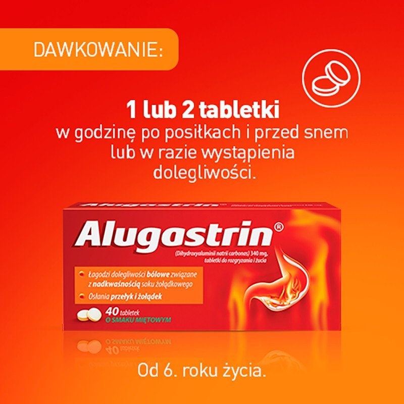 Alugastrin Dihydroxyaluminii natrii carbonas 340 mg Lek o smaku miętowym 40 sztuk