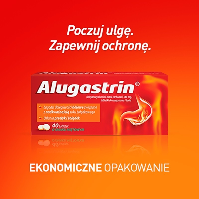 Alugastrin Dihydroxyaluminii natrii carbonas 340 mg Lek o smaku miętowym 40 sztuk