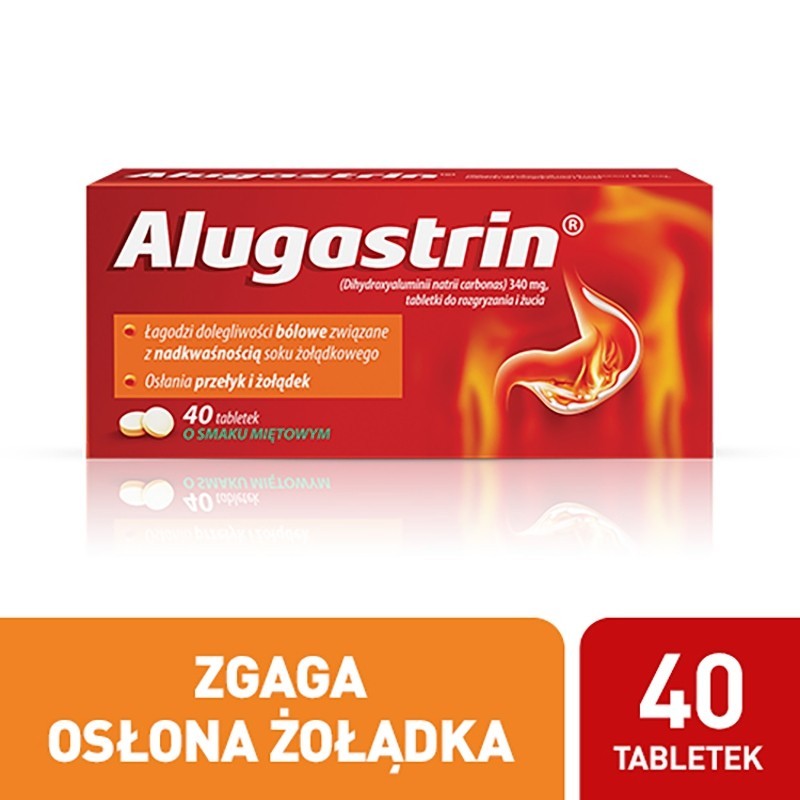 Alugastrin Dihydroxyaluminii natrii carbonas 340 mg Lek o smaku miętowym 40 sztuk