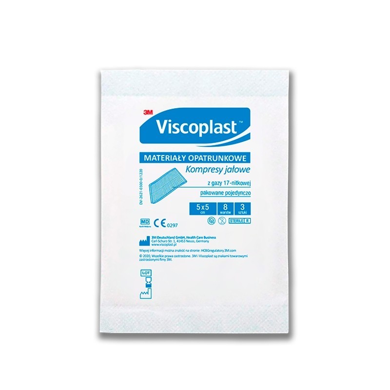 Viscoplast Jałowe kompresy gazowe z gazy bawełnianej 17-nitkowe 8 warstw 5 cm x 5 cm 3 sztuki