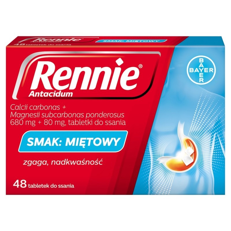 Rennie Antacidum 680 mg + 80 mg Tabletki do ssania smak miętowy 48 sztuk