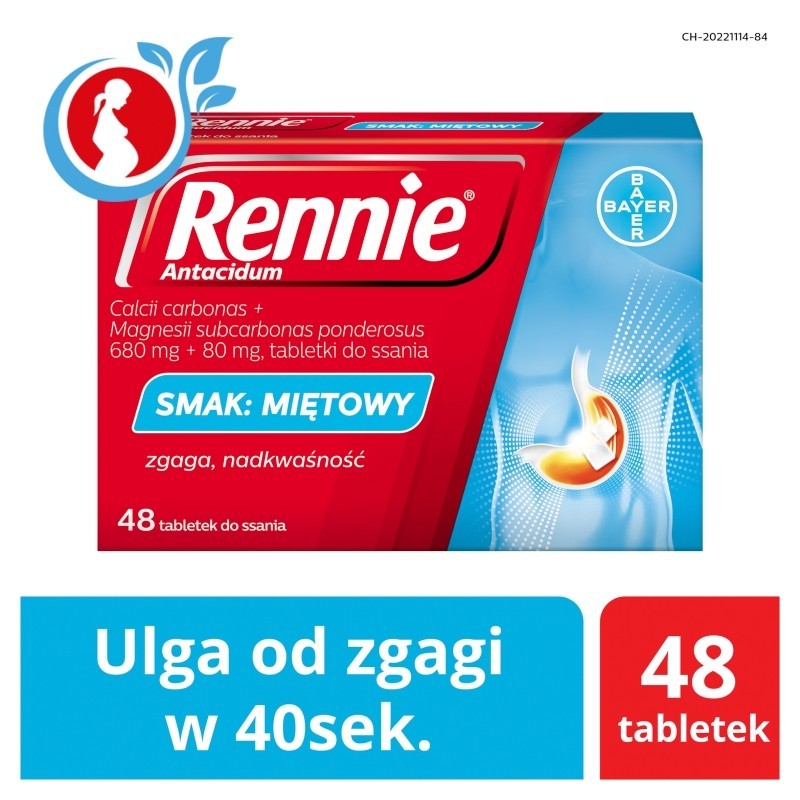 Rennie Antacidum 680 mg + 80 mg Tabletki do ssania smak miętowy 48 sztuk