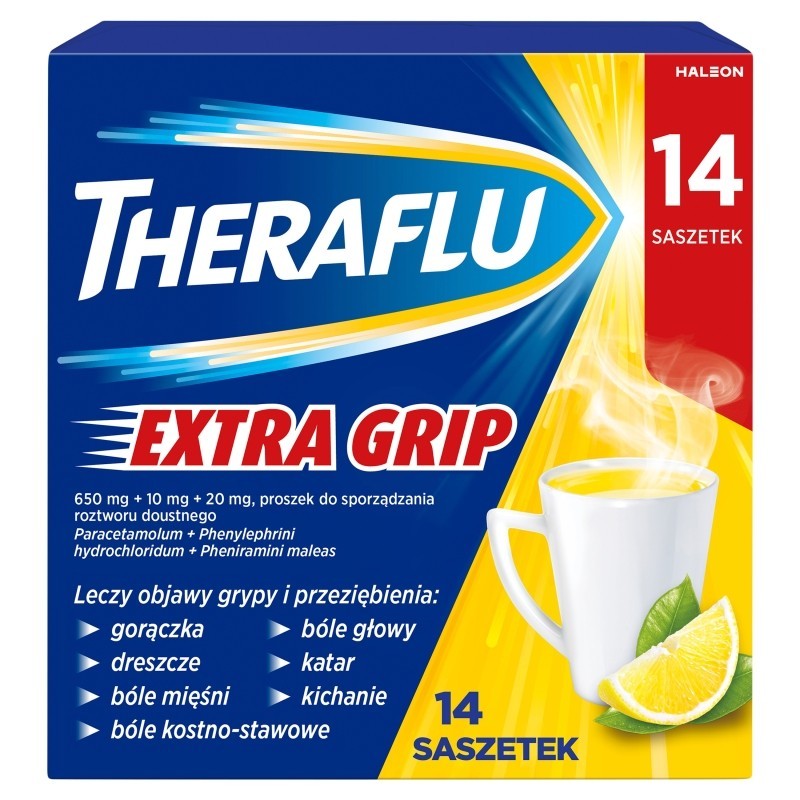 Theraflu Extra Grip 650 mg + 10 mg + 20 mg Lek wieloskładnikowy 14 sztuk